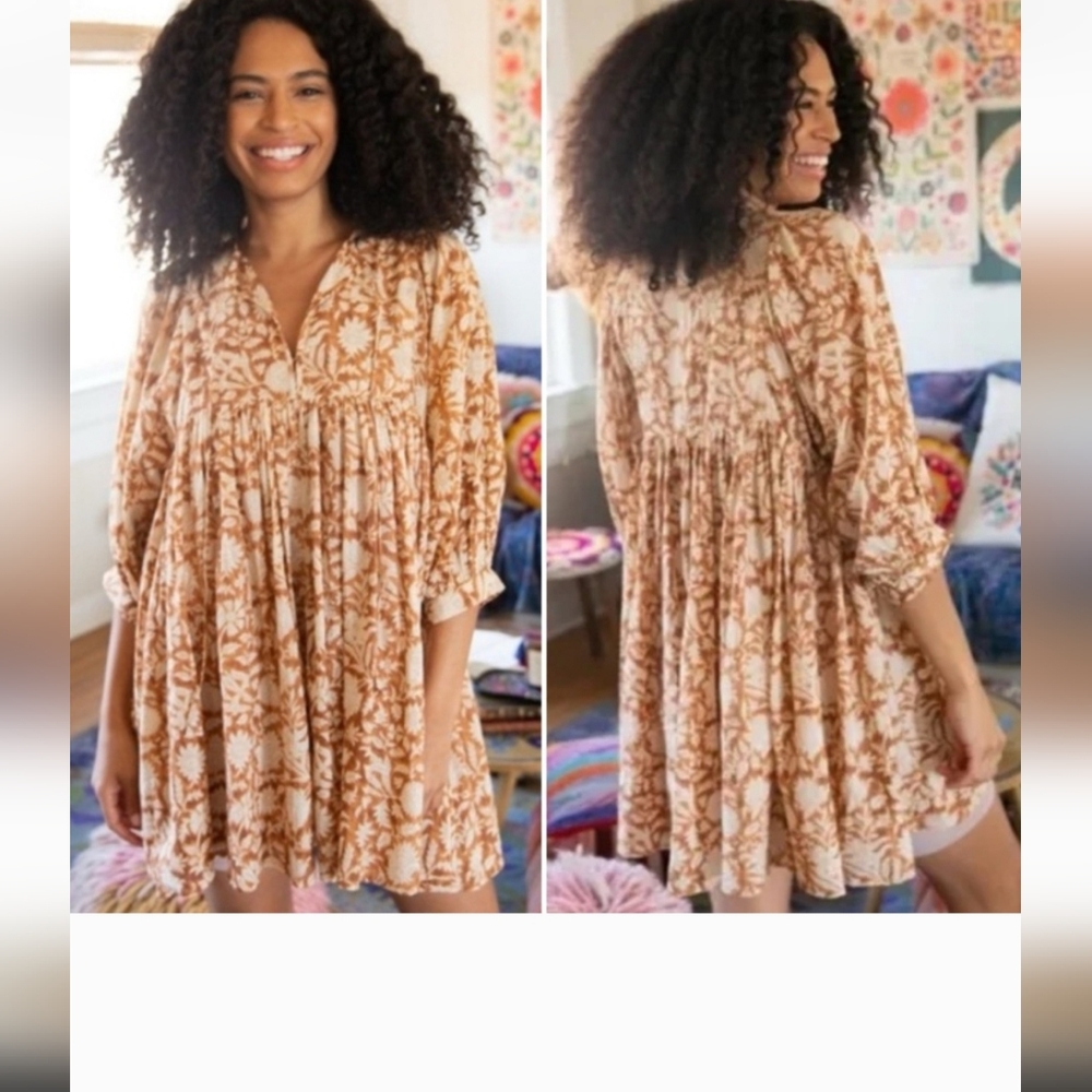 NATURAL LIFE Tan and Cream Floral Mini Dress